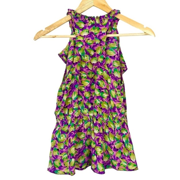 Odille Anthropologie 100% Silk Floral Ruffle Blouse Sleeveless Girly Coquette - Picture 6 of 15